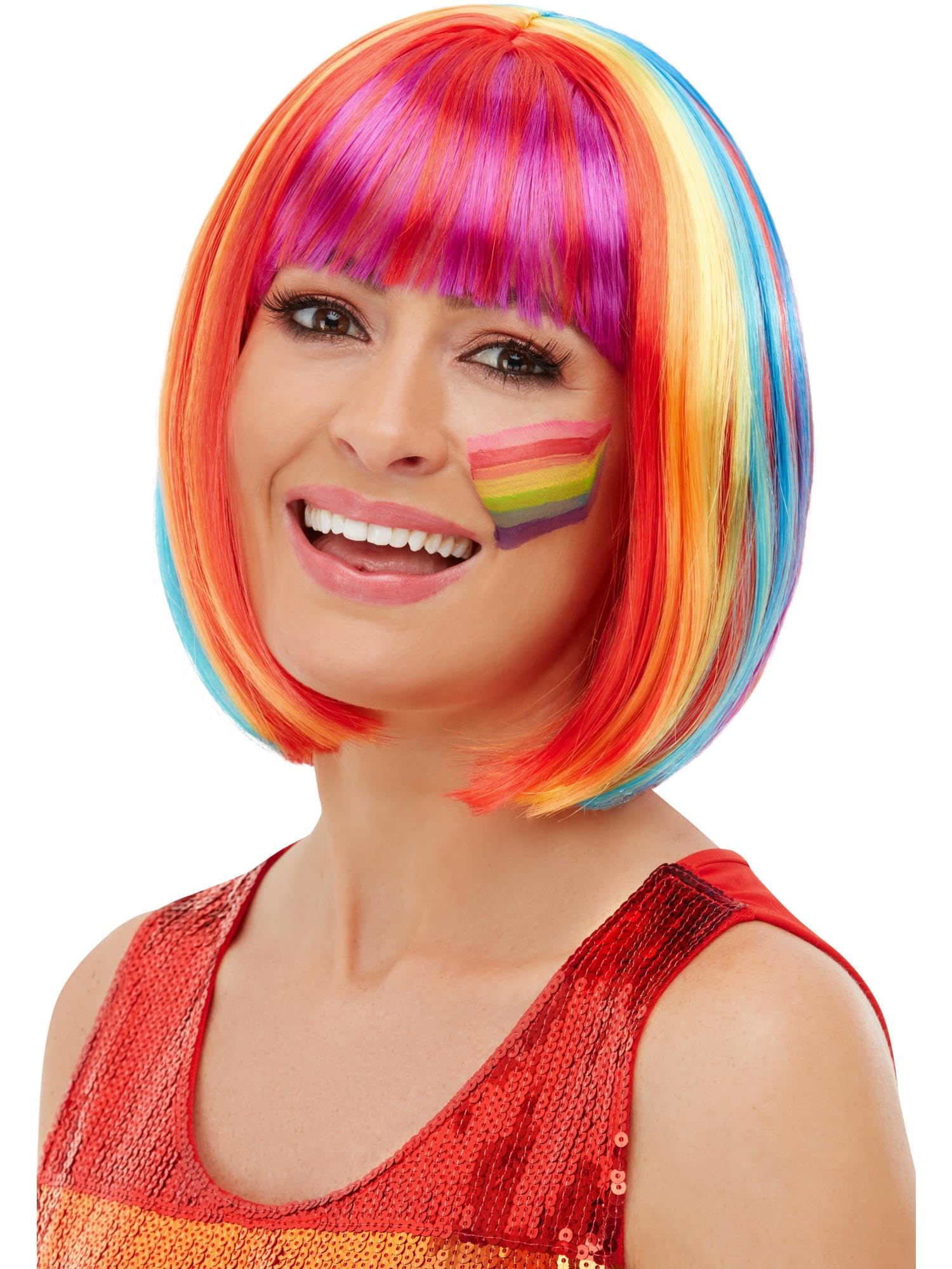 Smiffys Rainbow Bob Wig, Multi-Coloured, Rainbow/Gay Pride Items Fancy Dress, Adult Dress Up Wigs Halloween
