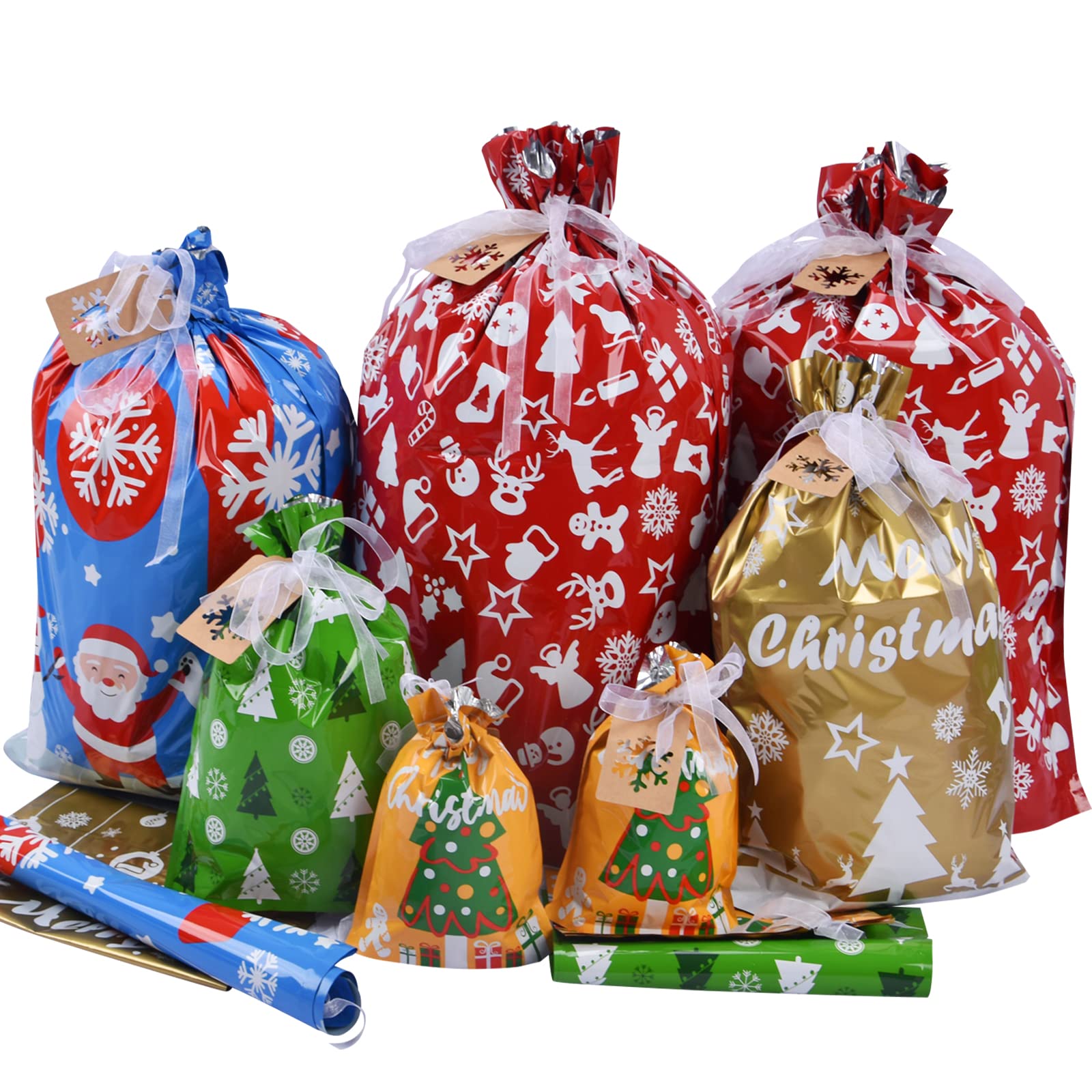 Photo 1 of Christmas Gift Bags with Drawstrings&Bottom, Christmas Bags For Gifts Wrapping Holiday Gift Bag Bulk for Presents Goody, Reusable Plastic Xmas Gift Bags Assorted Sizes Extra Large/Medium/Small (15Pcs)