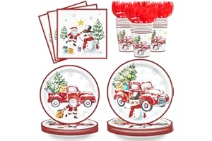 AGoooodySet 120pcs Christmas Red Truck Party Supplies Xmas Paper Plates Napkins Santa Claus Snowman Christmas Tree Paper Cups Party Tableware for Xmas Holiday Party Serve 24 Guests