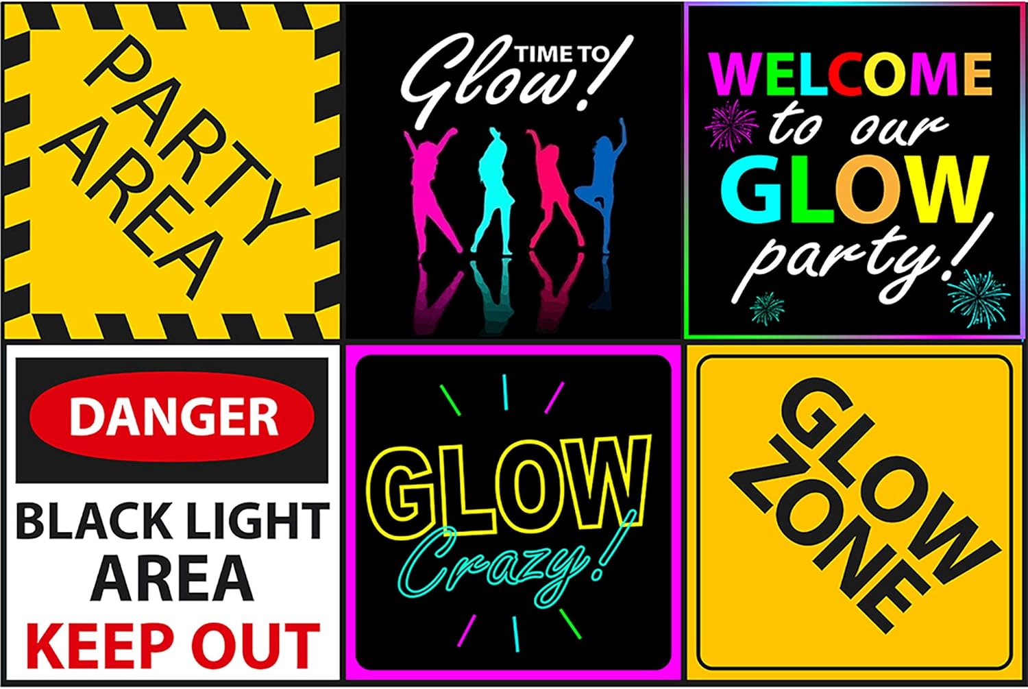 Glow Party Sign 6" Cutouts, Black Light Party Decorations