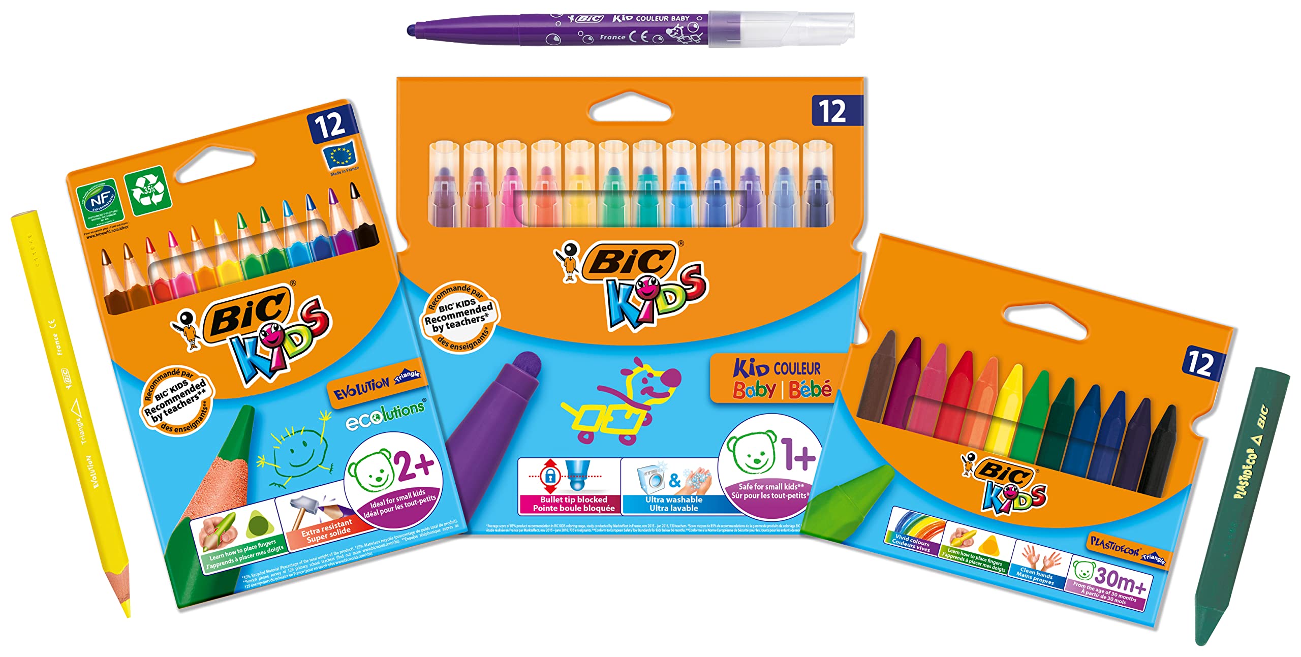 Bic Kids Colouring Kit for Children Under 5 with Evolution ECOlutions Triangle Colouring Pencils, Kid Baby-Coloured Pens and Plastidecor Triangle, Pack of 36