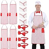 Afcabakila 12 Pcs 1950s Adult Waiter Costume Kit, Red & White Striped Apron 2 Pocket, Chef Hat, Bow Tie, Unisex Adults, Chef Theme, Halloween, Carnival, Cosplay Costume Circus Party (Adult Size)