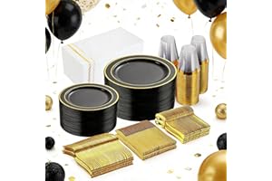 GATHER 350PCS Black Plastic Plates - Black and Gold Disposable Dinnerware Set Include 100 Plates, 150 Gold Silverware, 50 Napkins, 50 Cups for Party & Wedding & Birthday & New Year