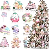 Kathfly 24 Pcs Pastel Christmas Tree Ornaments Candy Christmas Hanging Decor Wooden Gingerbread Man Lollipop Ice Cream Cake Ornament for Xmas Tree Garland Home Holiday Indoor Decor