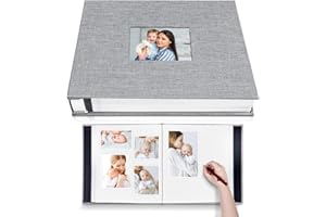 HoneyTolly Large Photo Album Self Adhesive with Picture Display Window, DIY Scrapbook Album for 4x6 8x10 Pictures, 40 Pages Linen Cover Memory Book with Scraper and Metallic Pen(Grey)