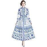 LAI MENG FIVE CATS Women's Floral Print Long Lantern Sleeve Button Up Loose Casual Maxi Dress