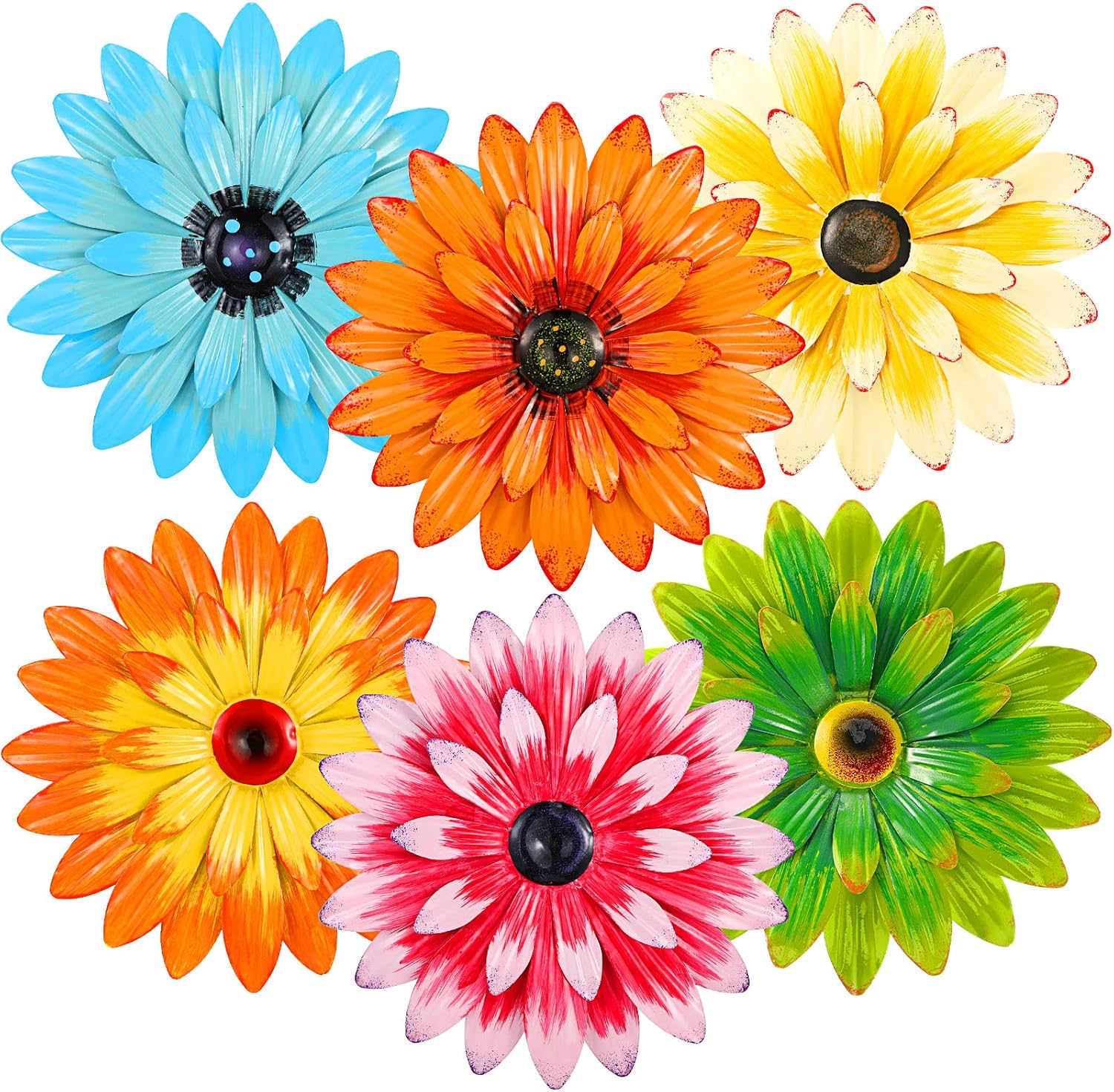 Plaques & Wall Art - 6 Pcs Metal Flowers Wall Decor Hanging Outdoor Metal Sunflower Wall Art Decorations Multiple Layer 3D Daisy Metal Wall Flowers for Garden Farmhouse, 8 Inch