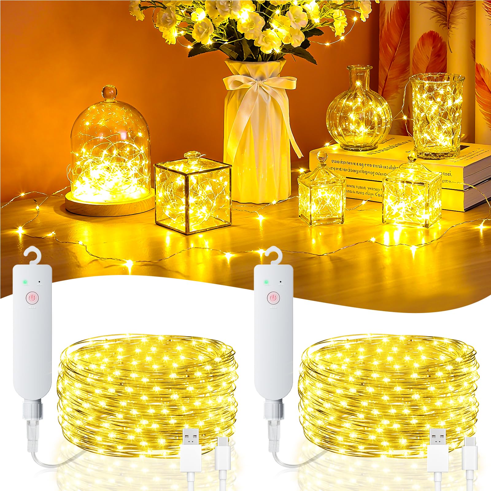 Photo 1 of 32FT(16 * 2) Fairy Lights Battery Operated, Rechargeable String Lights with Timer, Mini Waterproof LED Twinkle Lights for Bedroom, Christmas Decorations, Wedding Party Decor, Warm White