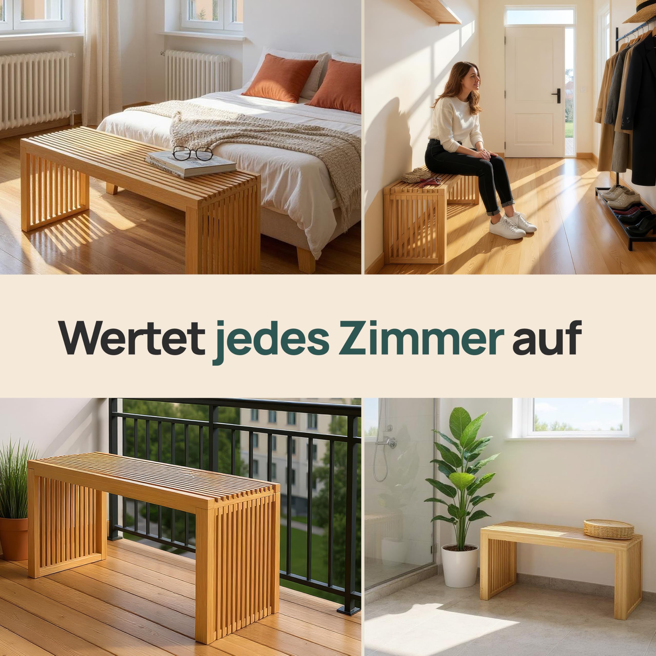 BAM BOO BOX Sitzbank aus Bambus – stabile Holzbank ohne Lehne für Flur, Bad, Küche, Esszimmer oder Schlafzimmer – kleine Sitzbank Holz 90x33x43 cm – bis 250 kg belastbar 3