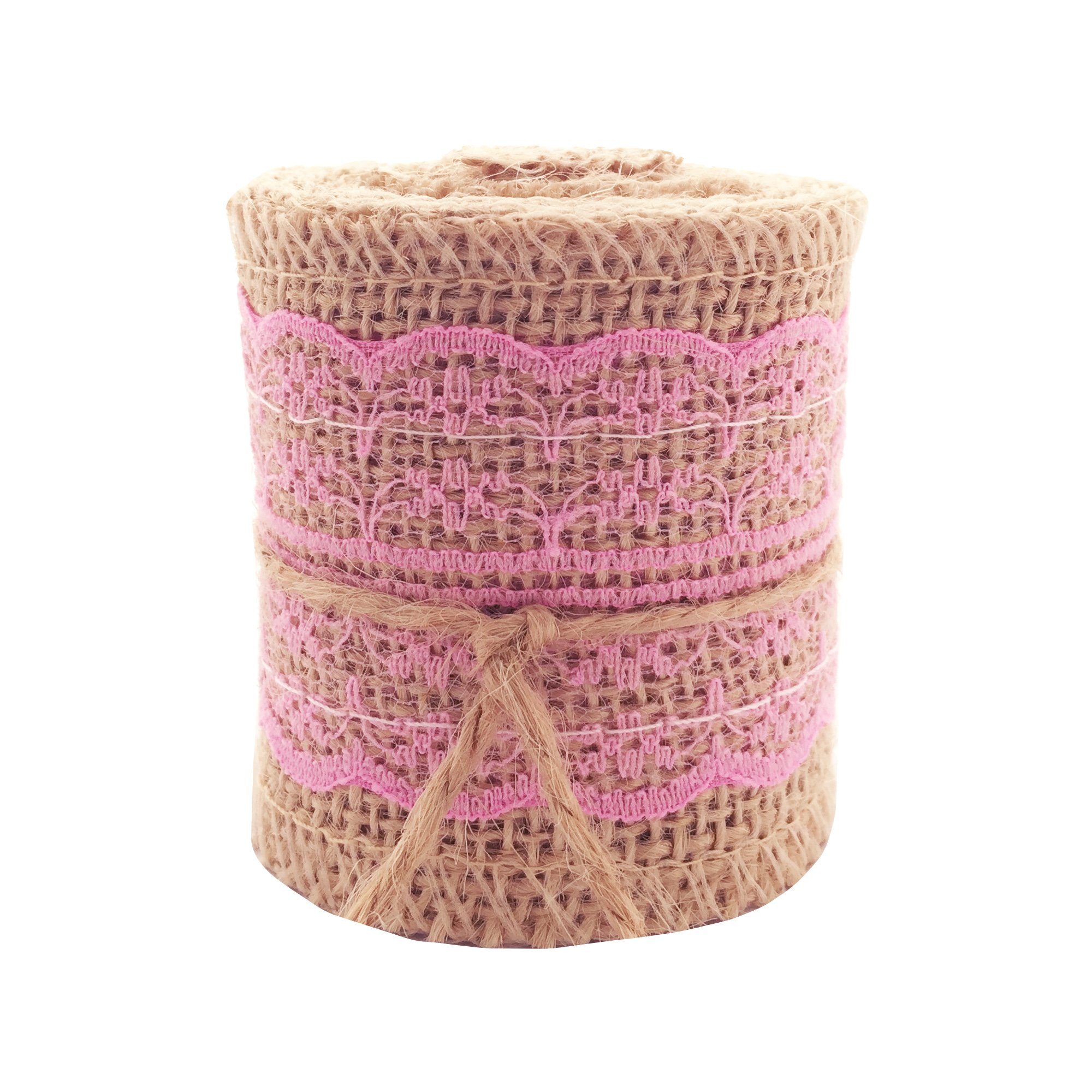 LWR Crafts Natural Burlap Ribbon with Lace (Pink)