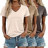 Ficerd 3 Pack Women's V Neck T Shirts, Summer Casual Short Sleeve Tops Loose Fit Rolled Sleeve Tees Trendy Shirts