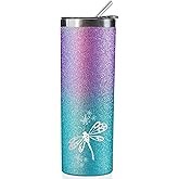 Onebttl Dragonfly Gifts for Women, Dragonflies Travel Mug, Cup for Girls, Laser Etched Dragonfly, 20oz Insulated Stainless Steel Tumbler, Glitter Purple & Blue