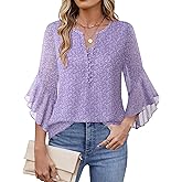 Timeson 3/4 Length Sleeve Womens Tops Dressy Casual Button Down V Neck Business Work Blouses