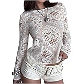 SweatyRocks Long Sleeve Shirts for Women Lace Sheer Tops Crew Neck Going Out T Shirt
