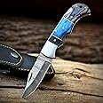 Poshland Steelware Custom Damascus Steel Folding Pocket Knife – Handmade, Compact for Outdoor, Camping, Hiking and Hunting (Blue Pakka Wood)