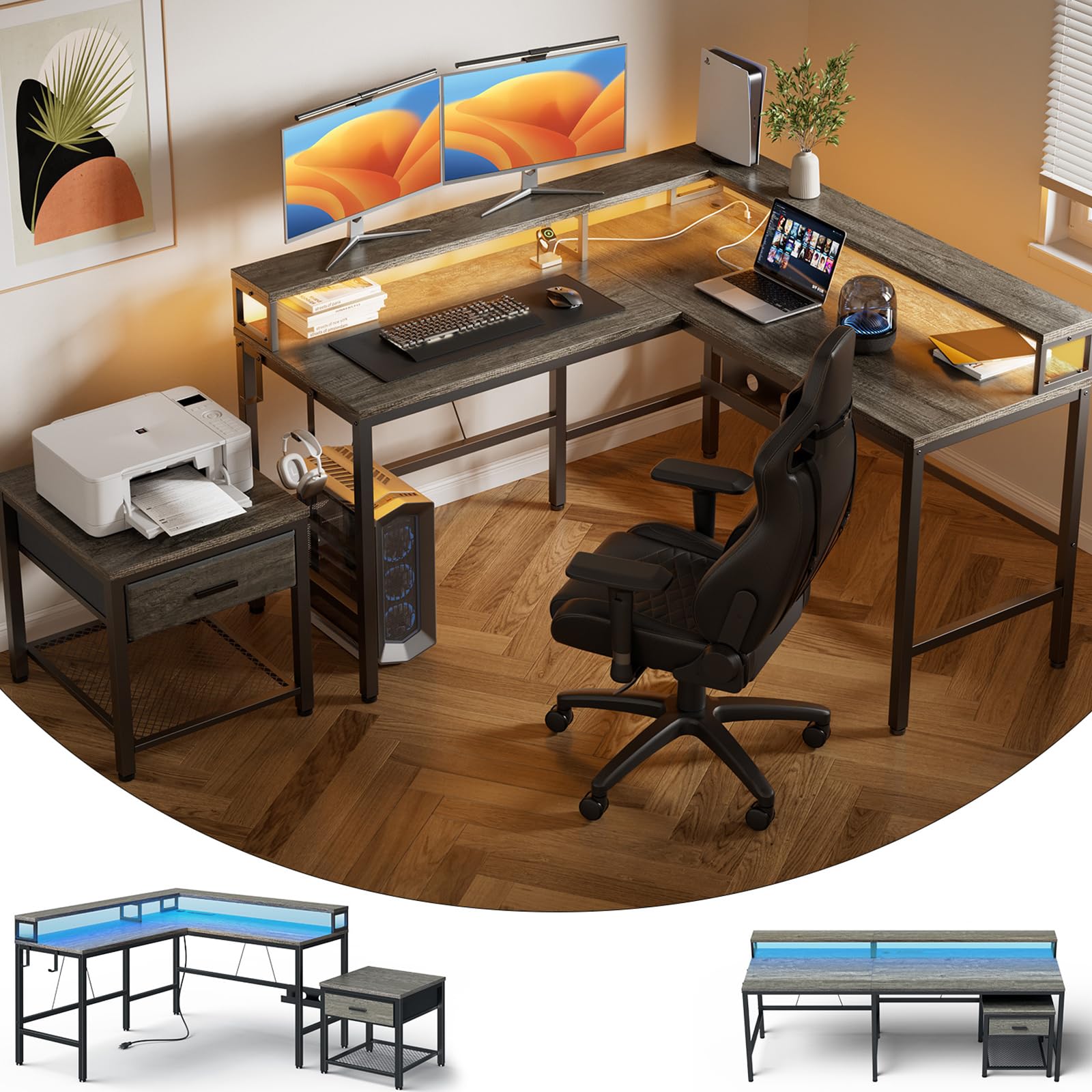 Photo 1 of Marsail L-Shaped Computer Desk with Monitor Raiser & Printer Stand, Home Office Corner Desk with Power Outlets & LED Light, Ergonomic Gaming Desk with Cable Management Tray, Hooks, Grey