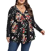 Purple Pocket Womens Plus Size Long Sleeve Fall Tops Ruffle Wrap V Neck Pleated Shirts Dressy Casual Loose Tunic Blouse