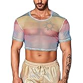 WDIRARA Men's Fishnet Mesh Tee Shirt Round Neck Short Sleeve Crop Top