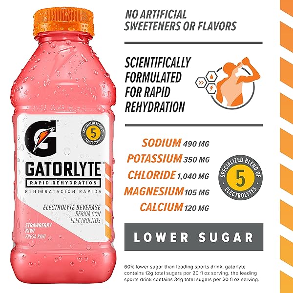GATORLYTE RAPID REHYDRATION ELECTROLYTE DRINK, STRAWBERRY KIWI, SPECIALIZED BLEND OF 5 ELECTROLYTES, LOWER SUGAR, NO ARTIFICIAL SWEETENERS OR FLAVORS, 20 FL OZ BOTTLES (12 PACK)