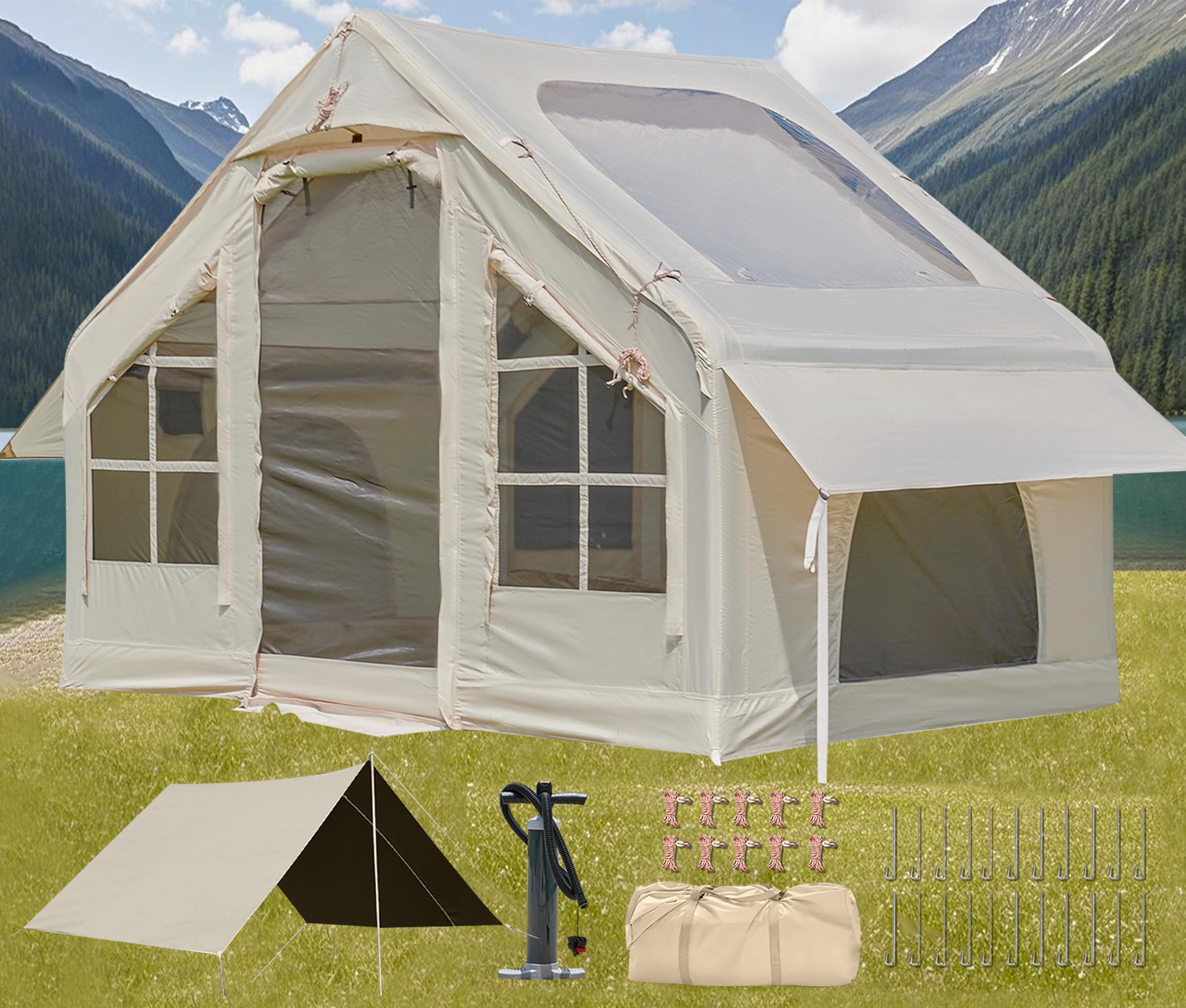 Photo 1 of InflatableTent for Camping,4-6 Person Glamping Tent Blow Up Air Tents House Easy Setup for 4 Seasons Waterproof Oxford Family Tent with Large Tarp & Two Skylight.
