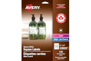Avery Glossy White Square Labels, 2"x2", for Laser/Inkjet Printers, Easy Peel, Print to Edge, 120 Permanent White Labels, App