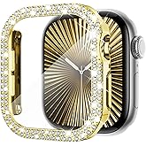 KADES Compatible with Apple Watch Series 11 10 46mm, Double Row Diamond Bling Case with Built-in Screen Protector (No Black Edge), Sparkling Rhinestone Protective Cover, Gold