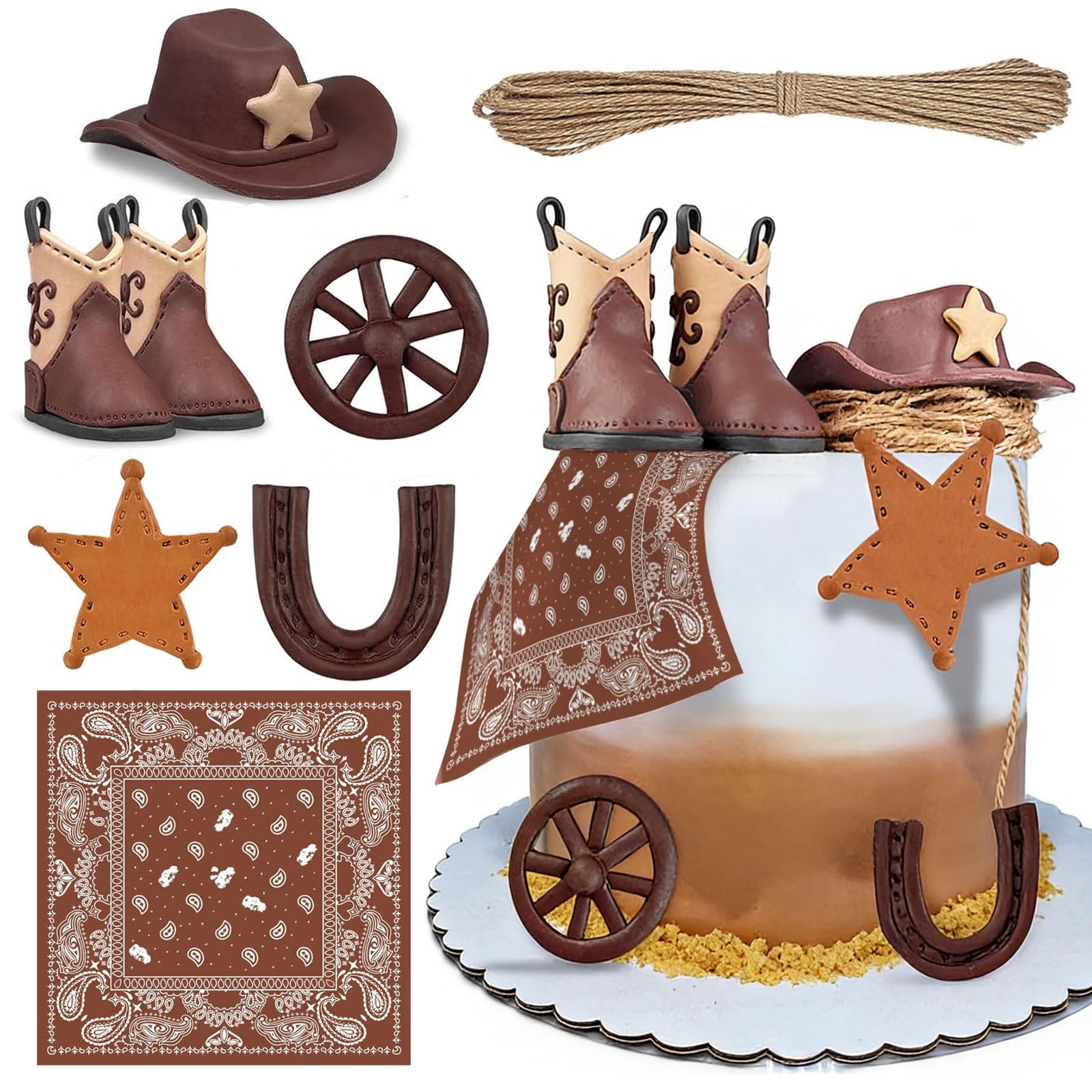 YushengTai Cowboy Cake Decoration Set - Western Cake Topper with Hat, Boots & Horse Jewellery - Ideal for Cowboy Party, Birthday & Baby Shower - Detailed Cake Decoration for Western Theme