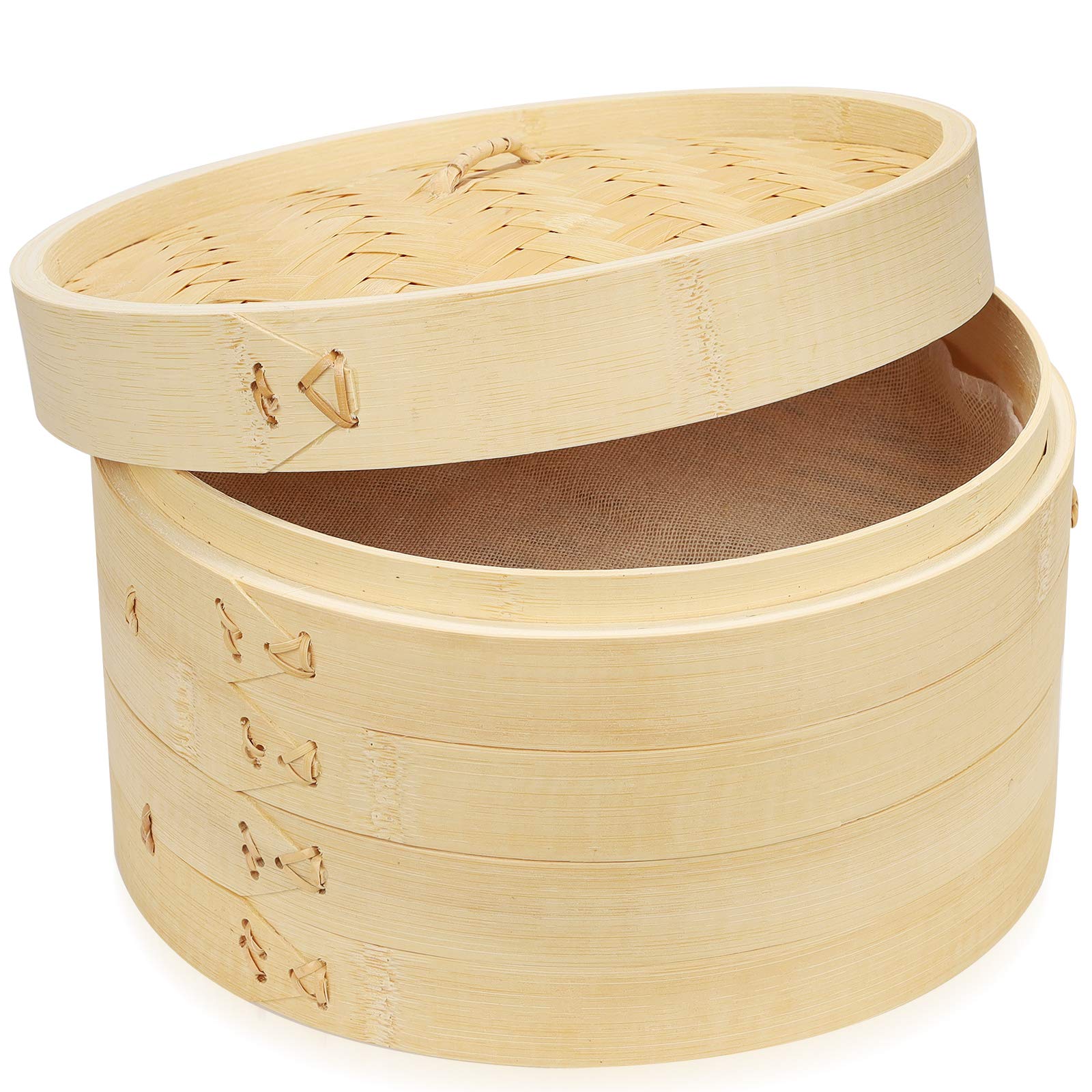10 Inch Handmade Bamboo Steamer, 2 Tiers & Lid, Premium Bamboo Steam Basket, Healthy Cooking for Vegetables, Dim Sum Dumplings, Buns, Chicken Fish & Meat