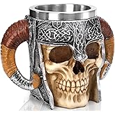 Tlence Stainless Steel Skull Mug, 18 OZ Halloween Viking Drinking Cup, Large Skeleton Resin Beer Stein Tankard with Double Handles, Bar Drinkware Medieval Decoration for Coffee, Tea, Novelty Gifts