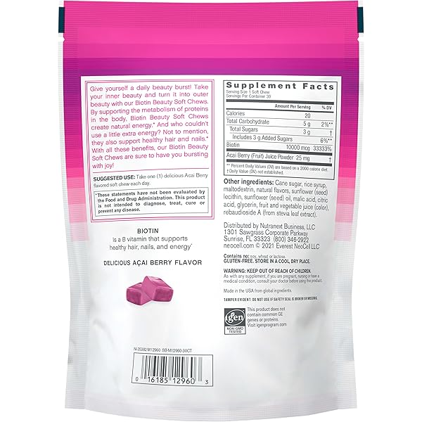 NEOCELL BIOTIN BEAUTY SOFT CHEWS, FOR HEALTHY SKIN, HAIR, NAILS, ENERGY SUPPORT SUPPLEMENT, ACAI BERRY FLAVOR, SOFT CHEWS, 30 COUNT, 1 BAG