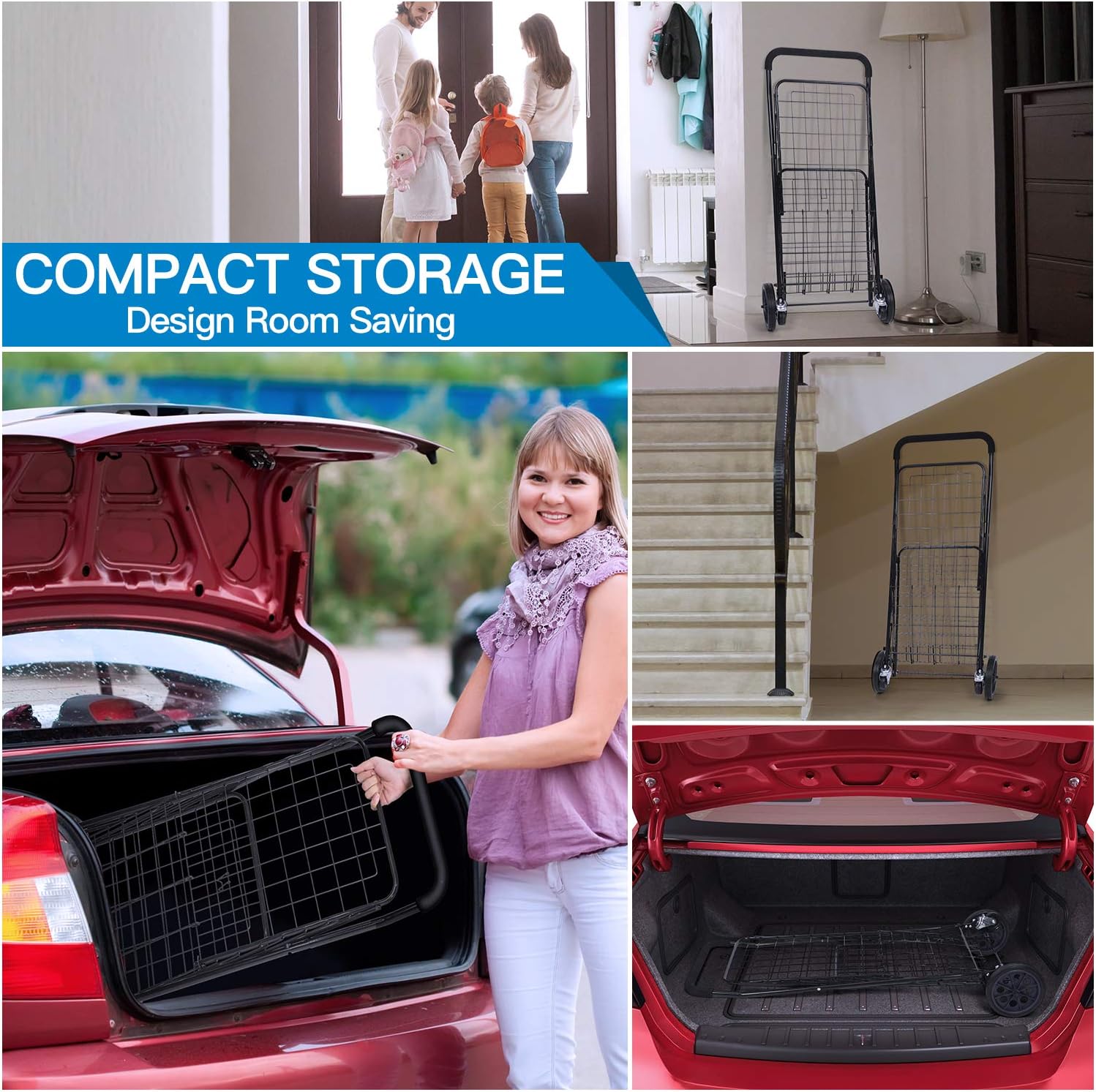 Pipishell Shopping Cart with Dual Swivel Wheels for Groceries - Compact Folding Portable Cart Saves Space - with Adjustable Handle Height - Lightweight Easy to Move Trolley Holds up to 70L/Max 66Ibs: Home & Kitchen