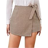 MakeMeChic Women's Plaid Shorts Houndstooth Wrap Front Bow Knot Tie Side Work Office Skort Brown Large