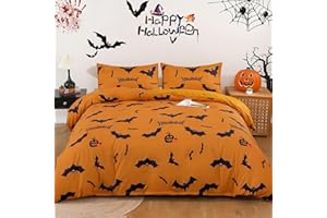 Xruibed Halloween Duvet Cover Set Twin - Pumpkin Bat Orange Bedding With Pillowcase, Horror Comforter Cover for Kids Teens, 2 Pieces, 68"x 86"