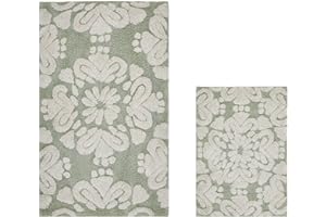 Better Trends Medallion Set Collection is Ultra Soft, Plush and Absorbent Tufted Bath Mat Rug 100% Cotton in Vibrant Colors, 17" x 24" / 24" x 40", Sage/Natural