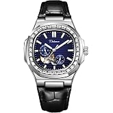 Men Watch Mechanical Automatic Winding Elegant Nautilus Leather Wristwatch | Diamond Bezel Square Octagonal watch 24 Hours/Running Seconds/Skeleton Dial