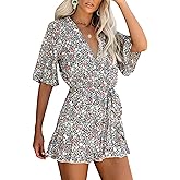 Bonkwa Women's Summer Rompers Floral Print Deep V-Neck Elastic Waist Romper Flared Half Sleeves Short Jumpsuit with Waist Tie