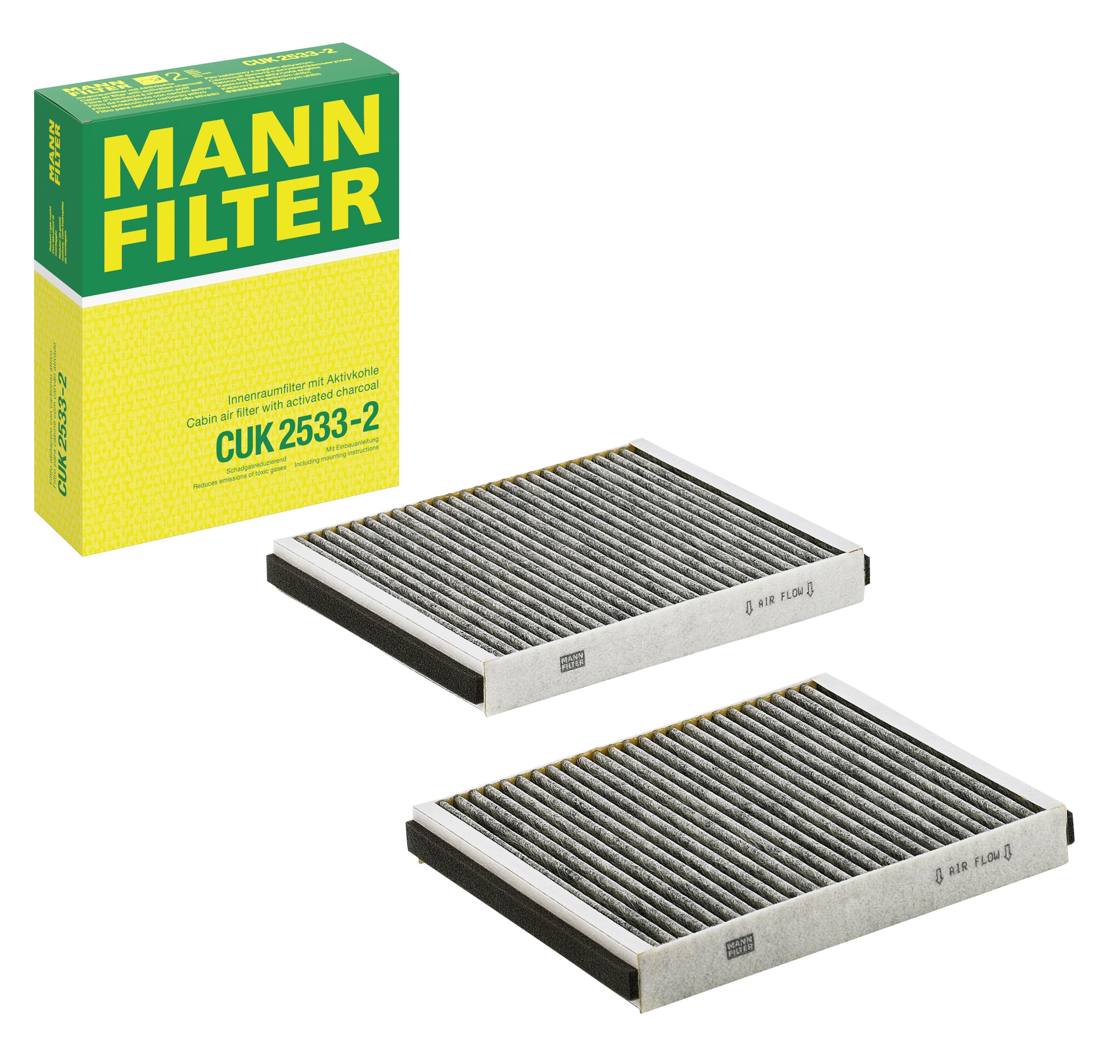 MANN-FILTER CUK 2533-2 Cabin Air Filter - Pollen Filter with Activated Carbon - (set of 2) for Cars + Transporters