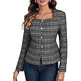 LYANER Women's Tweed Long Sleeve Square Neck Button Front Slim Fit Lined Office Blazer Coat