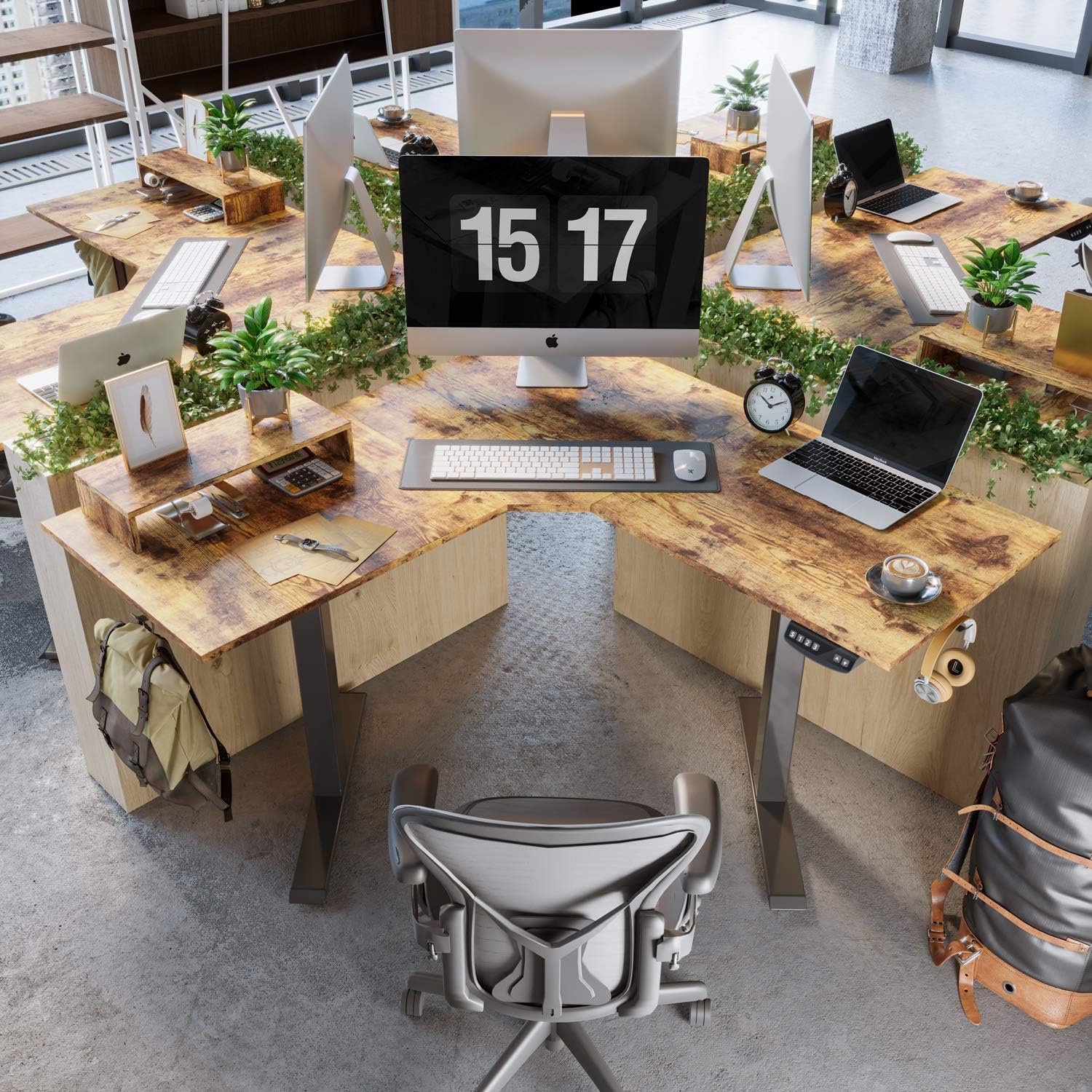 FEZIBO L-Shaped Electric Standing Desk, 48 Inches Height Adjustable Corner Desk, Full Sit Stand Home Office Table with Splice Board, Black Frame/Rustic Brown Top: Kitchen & Dining