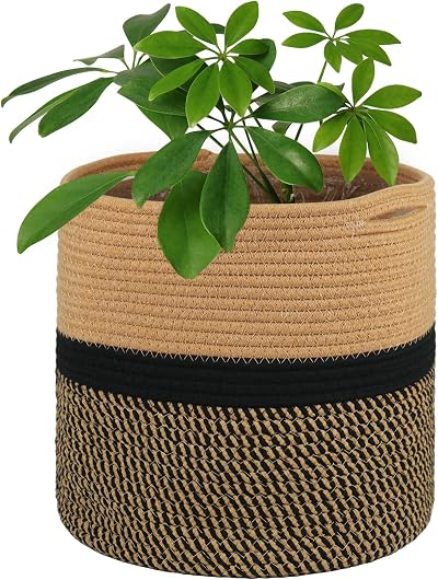 Tenn Well 30cm Indoor Plant Pot Basket with Liner Cotton Woven Storage Black