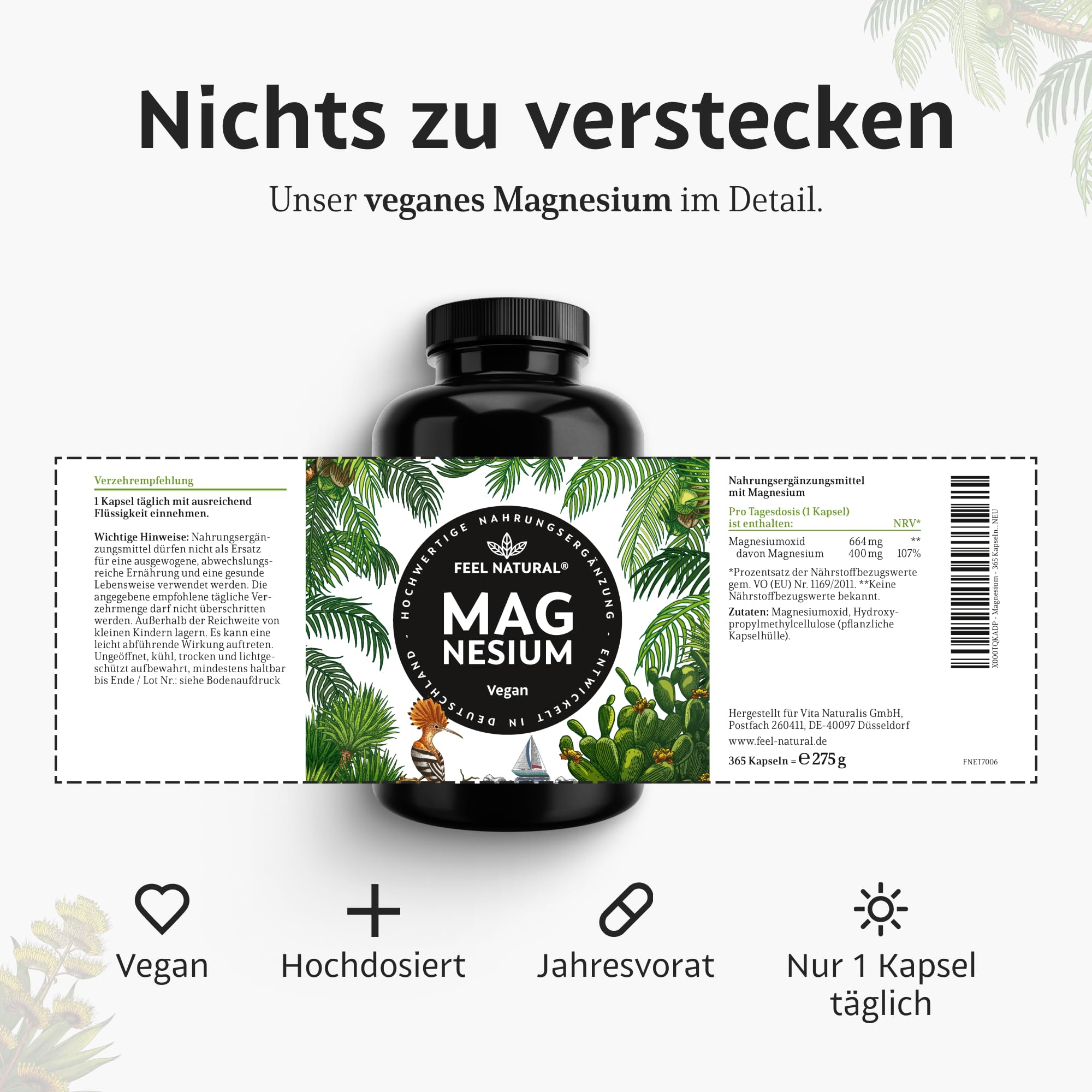 Magnesium hochdosiert Kapseln - 365 Stück (Jahresvorrat) - 664mg je Kapsel, davon 4 00mg elementares Magnesium - höherer Gehalt als andere Magnesiumformen - Laborgeprüft & Vegan 6