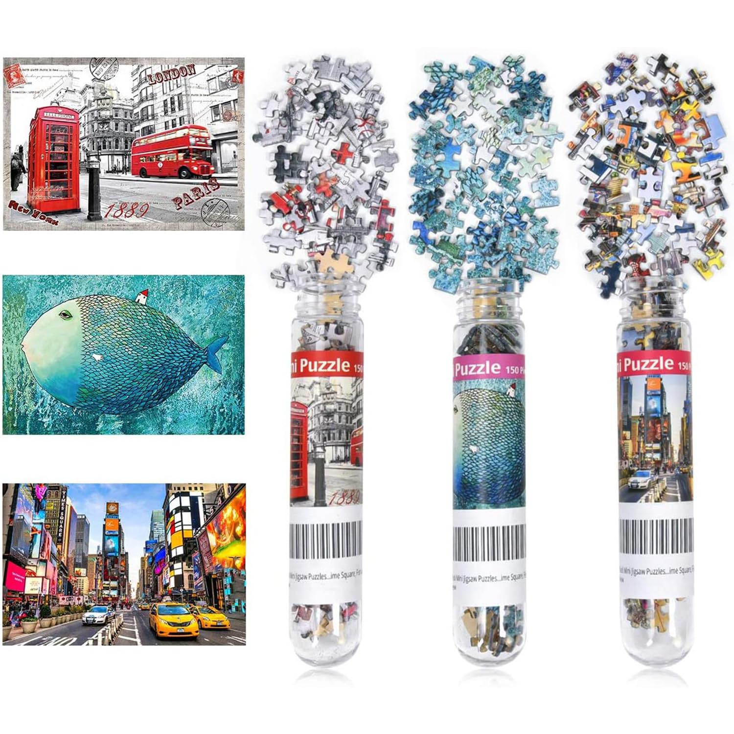 LUUFAN 3 Pack Mini Jigsaw Puzzles 150 Pieces for Adults Small Jigsaw Puzzle 6 x 4 Inches Entertainment Toys For Home Decor (London, Time Square, Fish and House)
