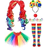 Canlierr 6 Pcs Women Clown Costume Rainbow Wig Tutu Skirt Eyelashes Clown Nose Socks for Halloween Party