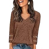 Tankaneo Womens 3/4 Length Sleeve Lace Tops V Neck Dressy Casual T-Shirt 2025 Ribbed Fall Tee Blouse