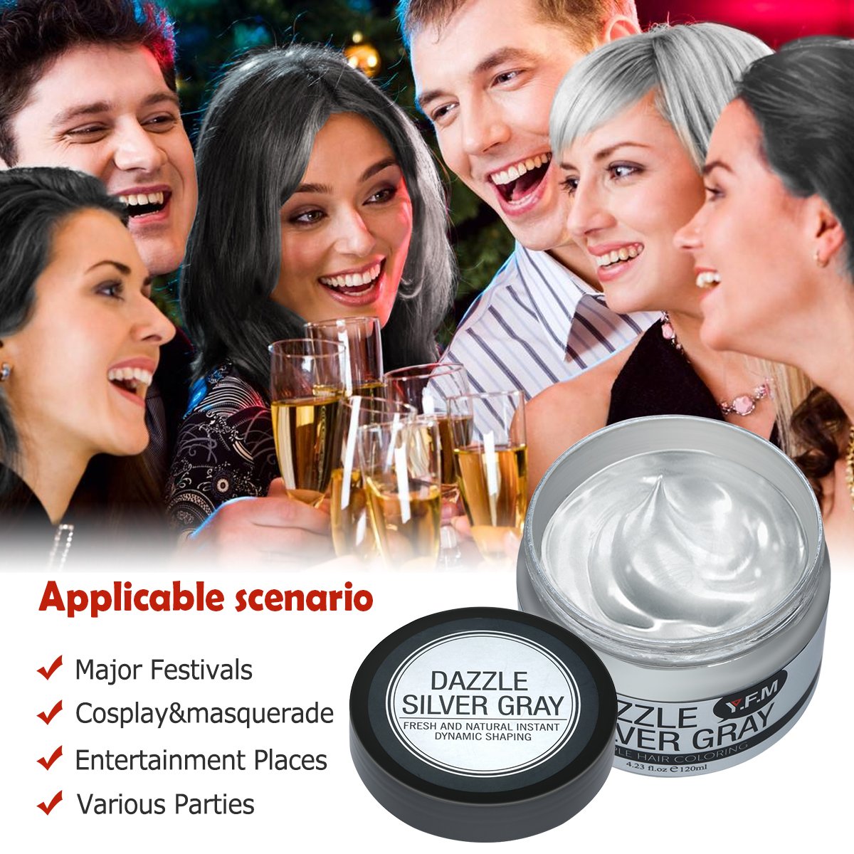 Temporary Silver Grey Hair Color Wax, Y.F.M Men Temporary Disposable Hair Mud Cream, Fresh and Natural Hairstyle Wax, Hairstyle Pomades for Party, Cosplay, Nightclub, Masquerade, Halloween 4.23.oz