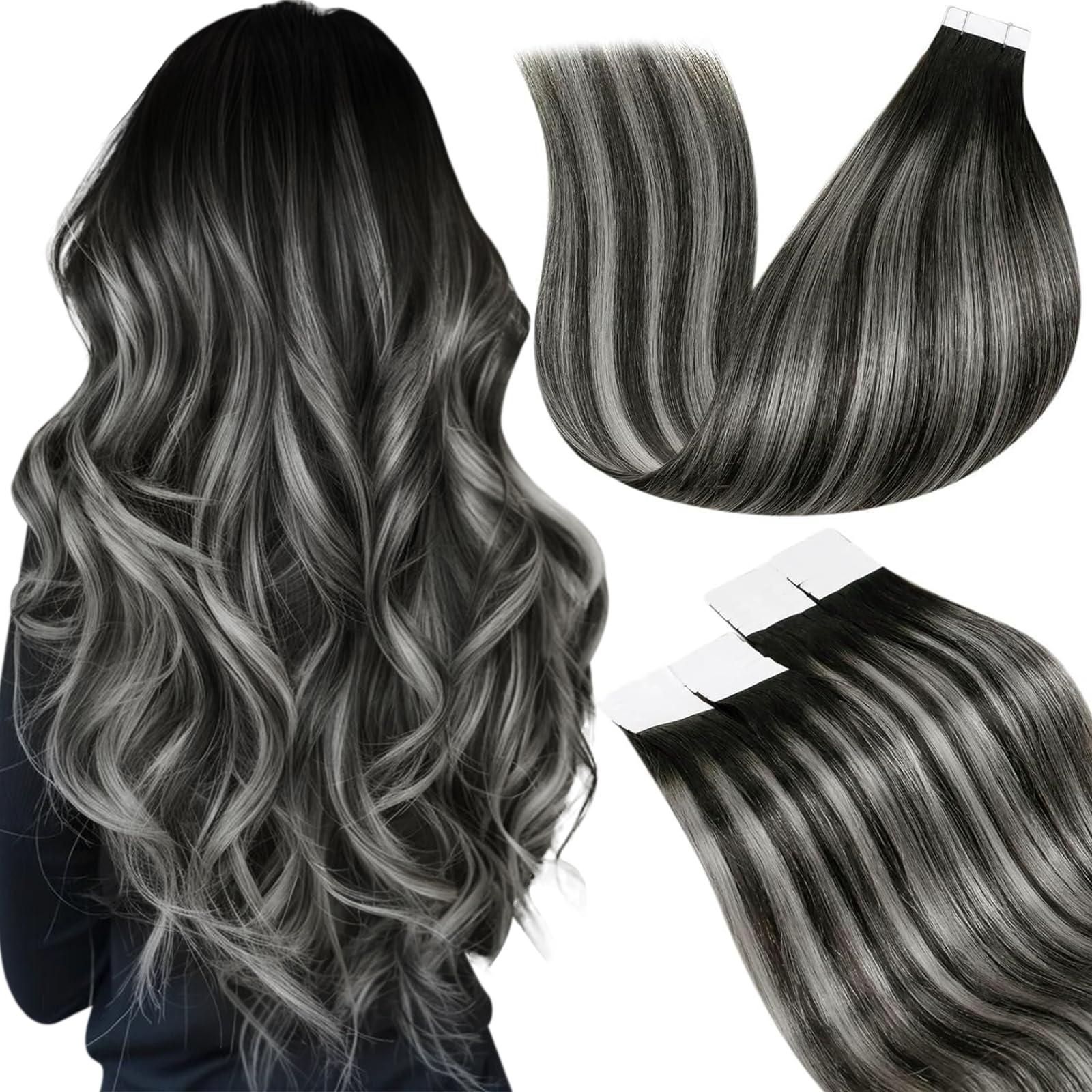 LaaVoo Tape in Hair Extensions Human Hair Black Tape Hair Extensions Real Human Hair Invisible Tapes Remy Straight Balayage Natural Black & Silver Hair Double Sided Tabs 20pcs 50g 14 Inch #1b/s/1b