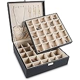 Frebeauty Earring Holder Organizer, 50 Slots Earring Organizer,2 Layer Jewelry Box for Earrings and Necklace,PU Jewelry Organizer,Jewelry Organizers and Storage(Black)