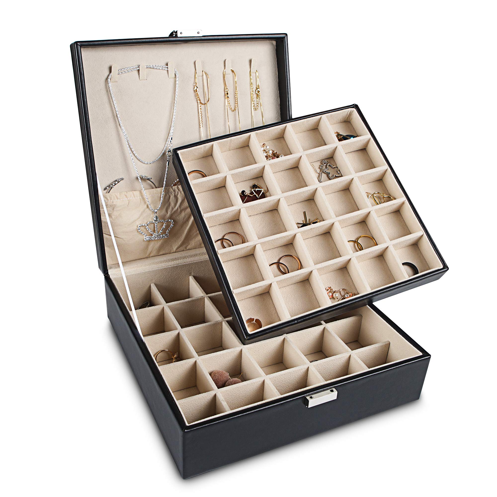 Frebeauty Earring Holder Organizer, 50 Slots Earring Organizer,2 Layer Jewelry Box for Earrings and Necklace,PU Jewelry Organizer,Jewelry Organizers and Storage(Black)