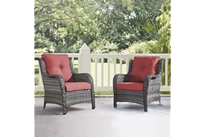 HUMMUH Patio Chairs Wicker Patio Dining Chairs Set of 2 PE Rattan Deep Seating Outdoor Chairs with 4 inch Seat Cushions (Grey/Red)
