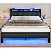 Furnulem Queen Bed Frame with Headboard and Storage Shelf, LED Light and Charging Station, Metal Platform Bed with Heavy Duty Slats, No Box Spring Needed, Noise Free & Easy Assembly